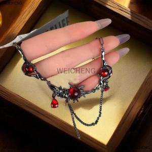 [COD] WEICHENG Goth Hiphop Red Pendant Necklace For Women Chokers Black Chain Waterdrop Tassel Double Layered Neck Chain Jewelry Gift