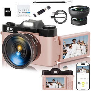 VETXI-1 6K Digital Camera 64MP 16X Digital Zoom 3  Flip Cover WiFi Network Camera 32GB SD Card