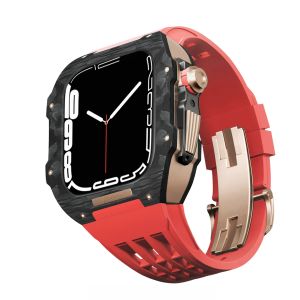 YALILAI Carbon Fiber Case with Fluororubber Strap for Apple Watch 44mm/45mm Luxury Carbon Fiber Case with Titanium Alloy Middle Frame Richard RM Mod Kit for Apple iWatch SE3/2 Series 9/8/7/6/5/4