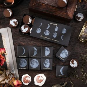 UNDERGR วงกลมแบบวงกลม ซีลชุดดวงจันทร์ ทำจากไม้ ภูเขาและดวงจันทร์ ซีลไม้ขนาดเล็ก เรโทร การทำบัตร แสตมป์ตกแต่ง DIY อุปกรณ์ตกแต่งไดอารี่