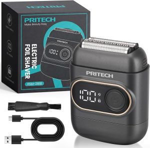 PRITECHFoil Shaver for Men Cordless Electric Razor USB-C Fast Charge 3D Floating Foil IPX6 Wet/Dry 100-Min Runtime LED Display Magnetic Cap & Travel Lock for Office/Gym/Travel GreyGold