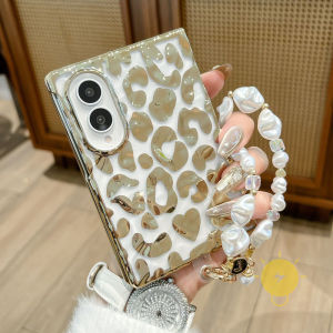 For Phone Case Leopard Print TPU Keychain Chain Leopard Print Plating Fold Phone Case For i 15 Cover 手机壳 Aesthetic Korean Cute