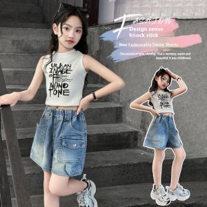New Kids Denim Shorts For Kids Girls 6-15yrs Korean Style Breathable Fabric Cute Style Design Loose Casual Denim Girl Outfit Comfortable & Stylish Perfect for Summer Jeans Shorts