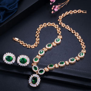 SEQUITO High Grade Yellow Gold Plated Women Jewelry Paved Setting Oval AAA Cubic Zirconia Fine Sunflower Shape Big Party Pageant Pendant Necklace Stud Earrings Set SJ321