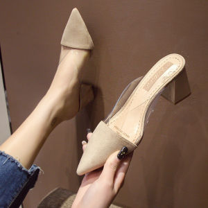 [Free Shipping] Summer Korean-Style Versatile Pointed-Toe Transparent Half-Slipper Chunky-Heel High-Heeled Sandals Trendy New Closed-Toe Slippers For Women