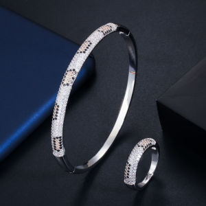 SEQUITO 2024 Summer Women Jewelry Rose Gold Silvery Golden Full Micro Pave Tiny Bling Zirconia Stone Leopard Print Crystal Evening Party Trendy Ring Bangle Set SJ375