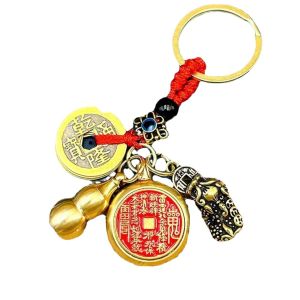 已开光 招财 黄铜山鬼花钱转转招财进宝空心铜葫芦纯铜挂件十二生肖八卦钥匙扣 Mountain Ghost Spend Genuine Pendant Brass Twelve Zodiac Cinnabar Gourd Pixiu Mens and Womens Talisman Keychain Gift