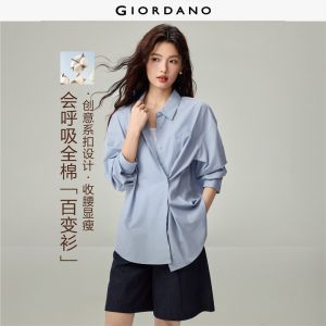 Giordano Women Button-front adjustable waist long sleeve shirt Free Shipping 05346867