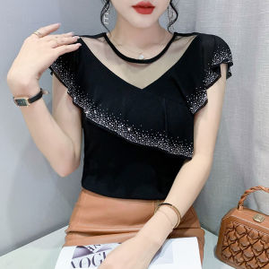 YIMEI Áo Khiêu Vũ Nhún Bèo Thiết Kế Cảm Giác 2023 Thời Trang Mới Mùa Hè Áo Thun Nữ Cổ Tròn Tay Ngắn Áo Cánh Lưới Công Việc Nặng Khoét Lỗ Kim Cương Nổi Bật Cho Nữ