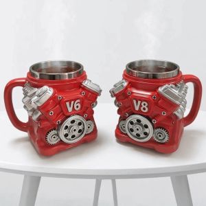 NEMOPH Retro Engine Coffee Mug with Handle Double Wall Insulation Car Mug Personalized Realistic Design V8 Engines Stainless Steel Cup Gifts for Men and Boys