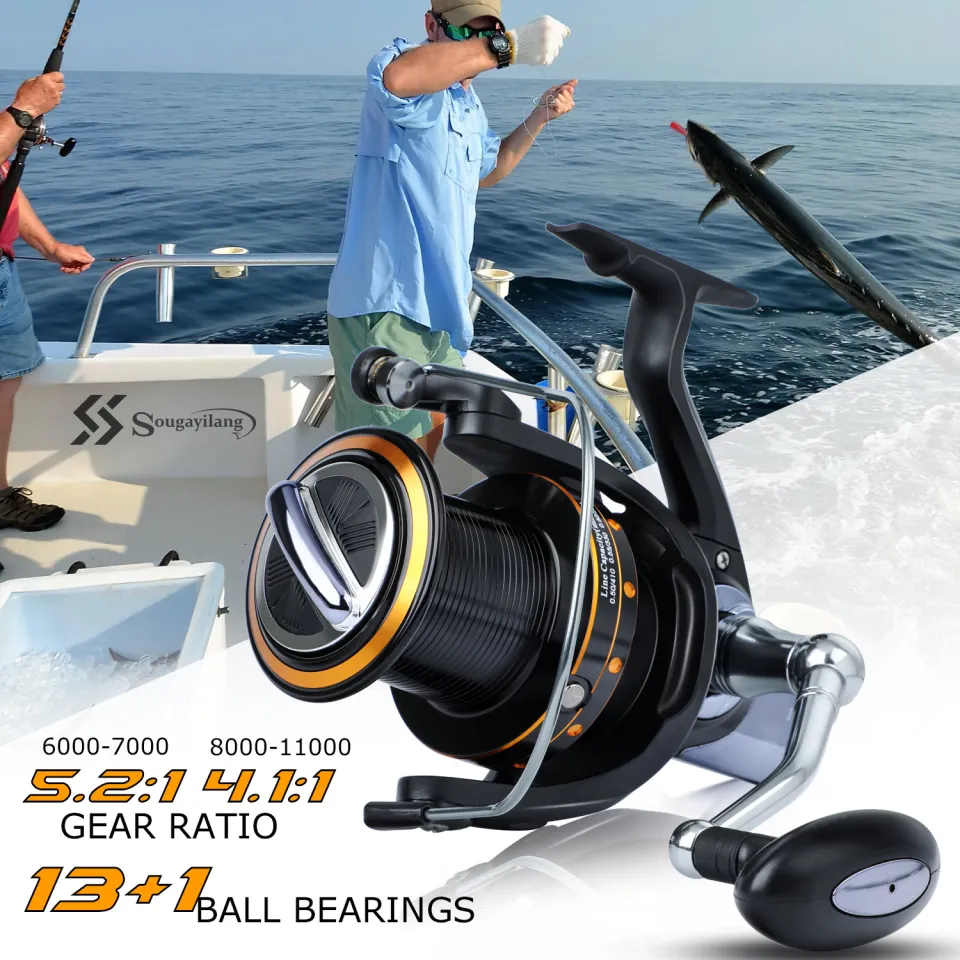Sougayilang New 6000-10000Series Big Spinning Fishing Reel 13+1BB  5.2:1/4.1:1Gear Ratio Metal Fishing Rod Waterproof Foldable Handle Portable  for Salwater and Freshwater