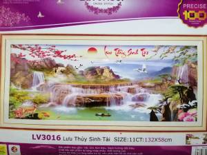 Tranh thêu chữ thập phong cảnh thác nước Lưu thủy sinh tài (về tự thêu) LV3016