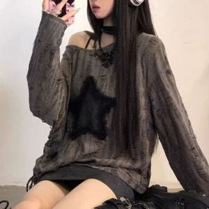 QIWANBA19 เชือกหูรูด เสื้อยืดแขนยาว สไตล์ขี้เกียจๆ ดาวดาวดาว เสื้อเอวลอยกลวง เกาหลีแบบเกาหลี เสื้อผ้าแนวสตรีท เสื้อสวมหัว Y2K สาวๆ