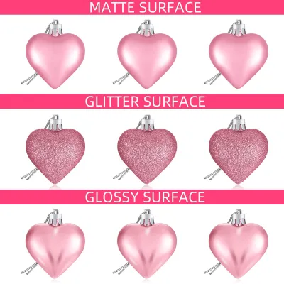 Valentines Day Heart Ornaments 3 Heart Baubles Heart Shaped Christmas Tree Baubles Heart Hanging Decorations for Valentines Day Wedding Anniversary (Pink Red Color 24 Pieces)