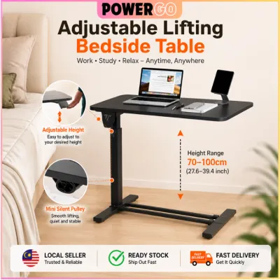 Adjustable Bedside Table with Wheels Mobile Laptop Desk Height Adjustable Overbed Reading Table Elegant Black Finish