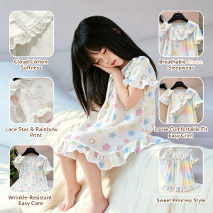 AILEBE Kids Dresses Cloud Cotton Short Sleeve Lace Dress Soft Breathable Sleepwear For Aircon Nights Sweet Princess Style Wrinkle-Resistant Easy Care OOTD Pambahay For Baby Girls 0-13 Years