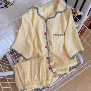 8GJGR Sweet Plaid Pajamas Set Loose Summer Thin Short Sleeve Pajamas Fashion Home Wear 2 Piece Nightwear Women