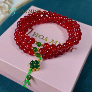 Vòng tay quấn 3 đá Mã Não đỏ VIP size hạt 6 li phối charm cỏ 4 lá viên đá mã não xanh màu ngọc bích sang trọng cho mệnh Hỏa Thổ | Hoa Minh Gem