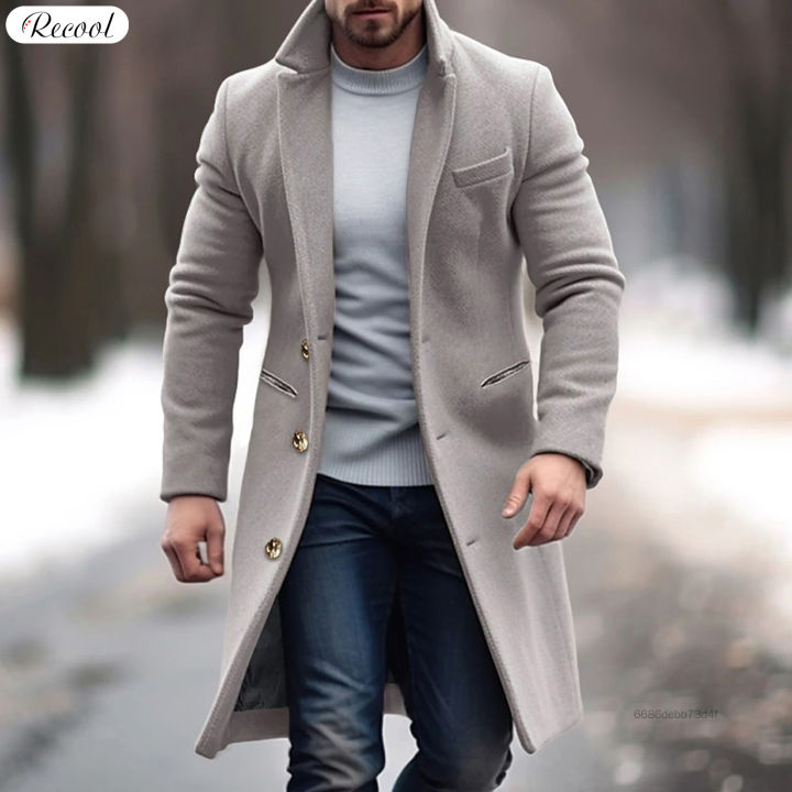 Recool Men Mid-Length Trench Overcoat Winter Warm Fashion Windproof Trench  Coat for Daily Working Office Wear RO-MY