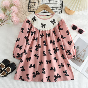 Bear Leader New Cotton Dresses for Baby Girls Spring Autumn Bow Print Korean Version Lace Pathwork Princess Dress Casual 2 To 7 Years Kids Clothes Childrens Outwear