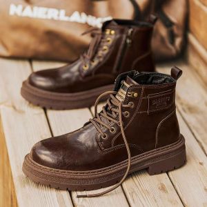 ZEEMIN Mens Autumn Winter Leather High Top Work Boots Thick Sole Non Slip Waterproof Lace Up Round Toe British Style Motorcycle Boots