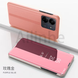 For Xiaomi Redmi 13C Case Luxury Mirror Surface Smart Slim Clear View Mirror Flip Leather Stand Protective Phone Cover