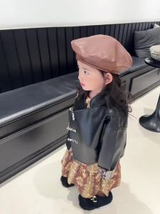 LI National Style Childrens Clothing Girls Autumn and Winter New Children Western Style Irregular Motorcycle Jacket Fashion Stand Collar Buckle Leather Coat