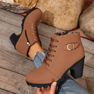 Free Shipping Plus-Size High-Heeled Ankle Boots Classic Women’S Boots Korean-Style Trendy And Fashionable Warm Women’S Shoes Round-Toe Chunky-Heeled Ankle Boots