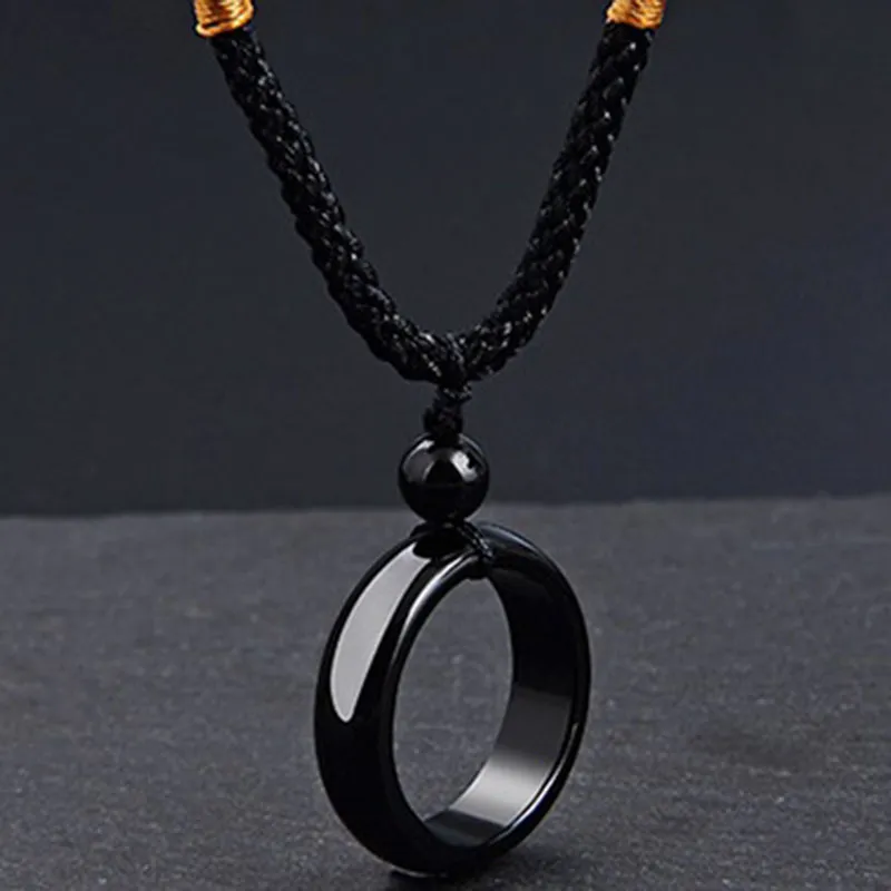 SAWU]Natural Black Ring Pendant Necklaces Manual Rope Women Men