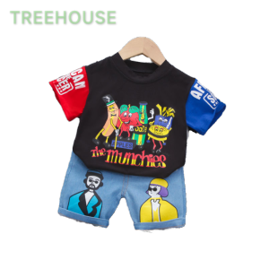 TREEHOUSE babies clothes for boys Black Casual Cartoon Short Sleeve Shorts Two-piece Fashion Childrens Clothing Set