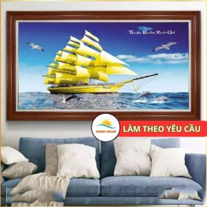 Tranh phong thuỷ thuận buồm xuôi gió khổ lớn tráng gương 3D khung vân gỗ 7cm sang trọng treo phòng khách mang tài lộc