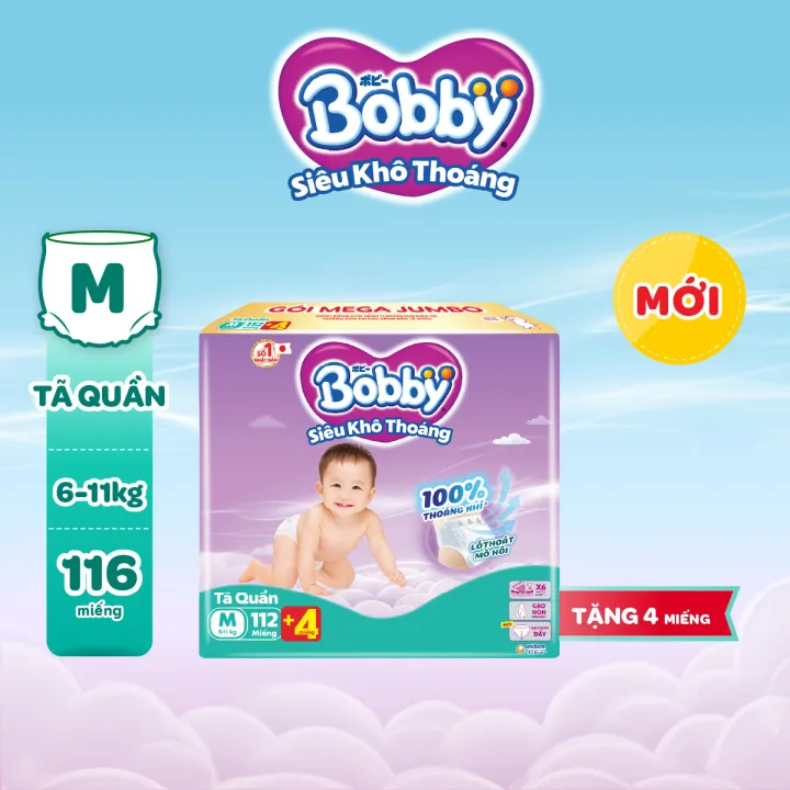 Tã quần Bobby Siêu Khô Thoáng - 100% Thoáng Khí Mega Jumbo M112