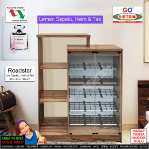 Lemari Rak Sepatu Tas Helm Model EKSOTIS dengan 2 Pintu Kaca Full Papan Tebal Kualitas Mewah Halus