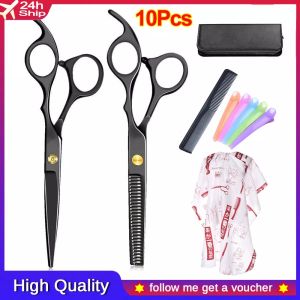 10 pcs Portable Professional Stainless Steel Hair Cutting Barber Scissors Set Hair Styling Tools Salon Kit Including Stainless Steel Shears Razor Edge Thinning Hair Scissors Barber Comb Thinning Hair Cutting Comb Hair Clips Salon Apron
