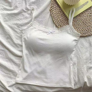 oobest 【Delivery 2-3 days】2pcs Lace Spaghetti Strap Top Built-in Bra Slim Fit Cropped Sleeveless Going Out Cami for Women Summer