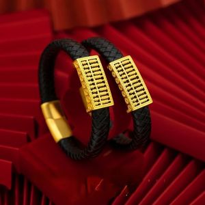 沙金算盘皮绳手链男霸气民族风南非锡金如意金钱算盘手链手环Abacus Leather Bracelet 18k Gold Plated Feng Shui Abacus Bracelet Represents Wealth Luck Career Trade Leather Bracelets For Men And Women.