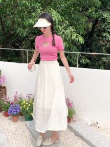 Ammin 2024 Mùa Xuân/Mùa Hè đàn hồi eo cao đàn hồi giữa Chiều dài lưới chân váy voan phong cách Hàn Quốc A-line váy với đáy quần váy ren