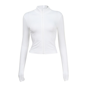 Fashionable Zip Up Mock Neck White Crop Top V Neck Long Sleeves High Waist Navel T-Shirt Tight Cardigan for Women’s Tees