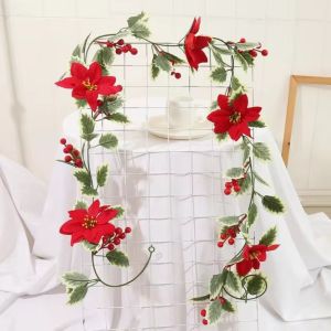 2M Artificial Holly Leaf Vine Red Berries Christmas Rattan DIY Xmas Tree Hanging Wreath Decoration with 2M Warm String Light