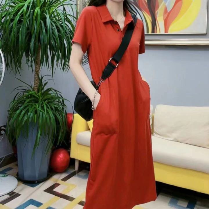 100%25Cotton%20Lapel%20Stretch%20Dresses%20Women%20Korean%20Style%20Short%20Sleeve%20Oversized%20100KG%20Fat%20Girl%20Can%20Wear%20Loose%20Casual%20Plain%20Cotton%20Polo%20Collar%20Long%20T-shirt%20Dresses%20-%20Image%207