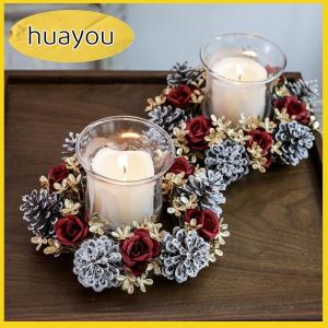 huayou อุปกรณ์ตกแต่งโต๊ะคริสต์มาส เชิงเทียนพวงมาลัยดอกไม้ประดิษฐ์