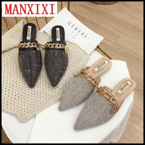 MANXIXI Xăng Đan Mules Đẹp Thời Trang Thương Hiệu Dép Đế Bằng Giày Bạc Đen Cho Nữ (Cỡ 36-41)