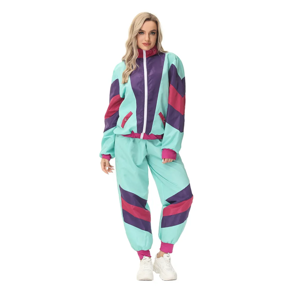 Womens 80s Tracksuit Retro Hip Hop Windbreaker Women Disco Tracksuit Sets  Colorblock One Piece Outfits Set