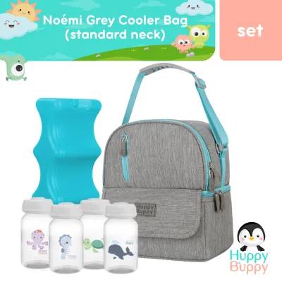 Huppy Buppy Noémi Breastmilk Cooler Bag Grey With 4 Pcs Standard Neck Bottle And Ice Brick