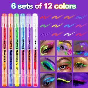 ALLLUCK 12 màu sắc Bút đánh dấu sơn phát sáng Dễ dàng rửa sạch Phản ứng với ánh sáng đen Sơn neon UV Không độc hại Hình xăm tạm thời dành cho các lễ hội cosplay tiệc phát sáng