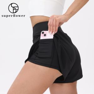Latihan pinggang elastik SUPERFLOWER wanita 2 lapisan seluar pendek dengan Pocket inside untuk Yoga Jogging Running