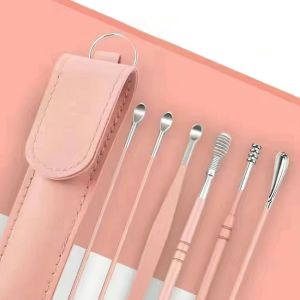 Set 6 dụng cụ lấy ráy tai bằng thép không gỉ bền bỉ có túi da đựng tiện lợi GA625