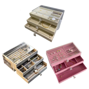 Three Drawer Jewelry Organizer with Velvets Interior Earrings Necklaces Bracelets Holder Stylish Accessory Organizer