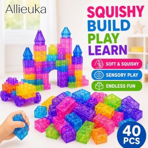 Soft Rubber Squishy Jelly Building Blocks 40 Large Pieces Educational Sensory Puzzle Kids Toy