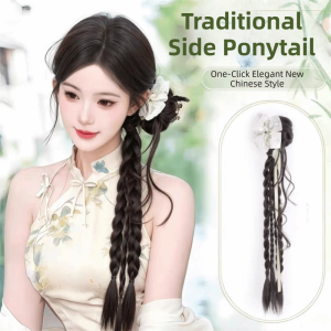 THANKSKY Kẹp tóc Tóc giả râu rồng nụ hoa Tổng hợp 24 inch Tóc giả buộc đuôi ngựa có nơ Chịu nhiệt Lông xù Tóc đuôi ngựa tết xoắn dài dành cho phụ nữ